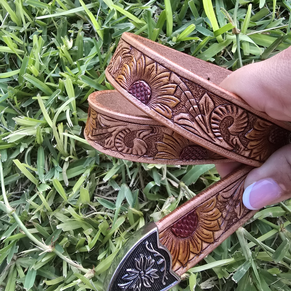 Sunflower Embossed Leather Belt By C3 - Brown